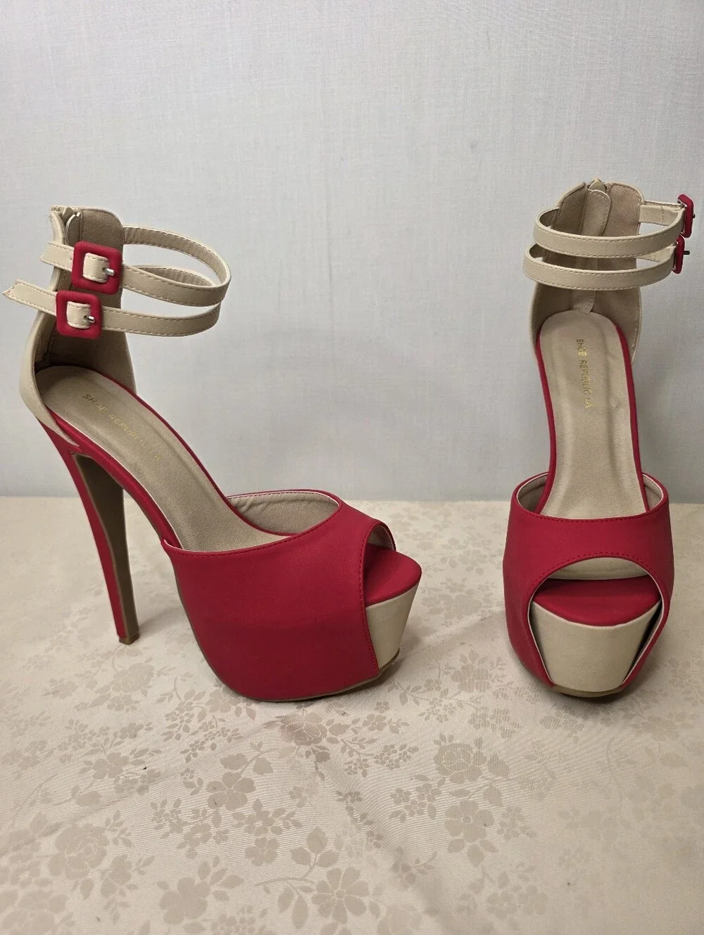 Shoe Republic LA Red & Beige Colorblock Platform Stiletto Heels Sz 7.5 NEW